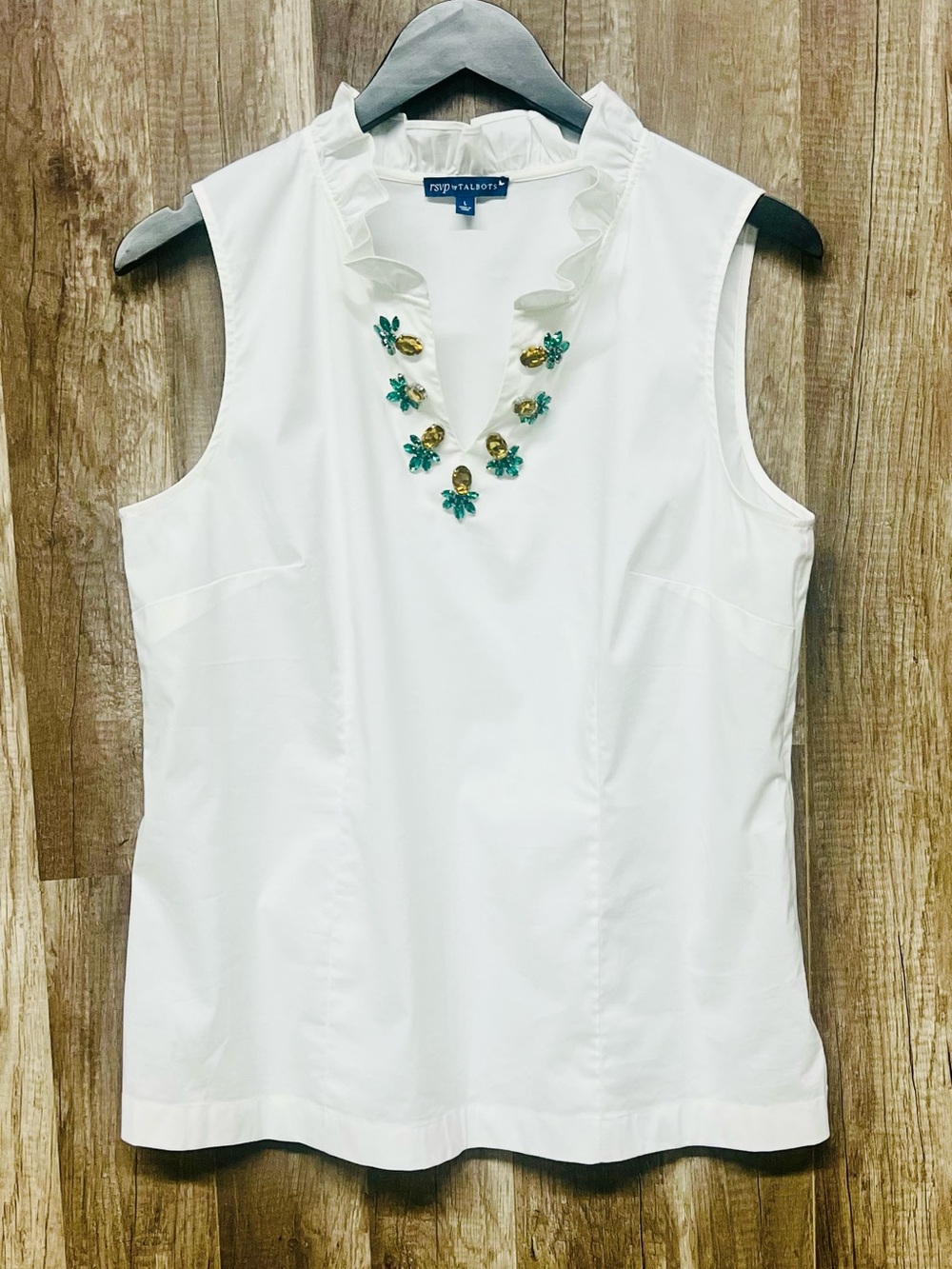 TALBOTS Women White Poplin Blouse Ruffle Pineapple Embellished